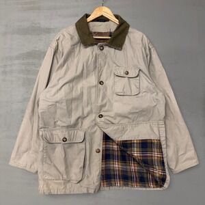 Woodsman Barn Coat Tan Canvas Plaid Lined Corduroy Collar Chore Jacket Large